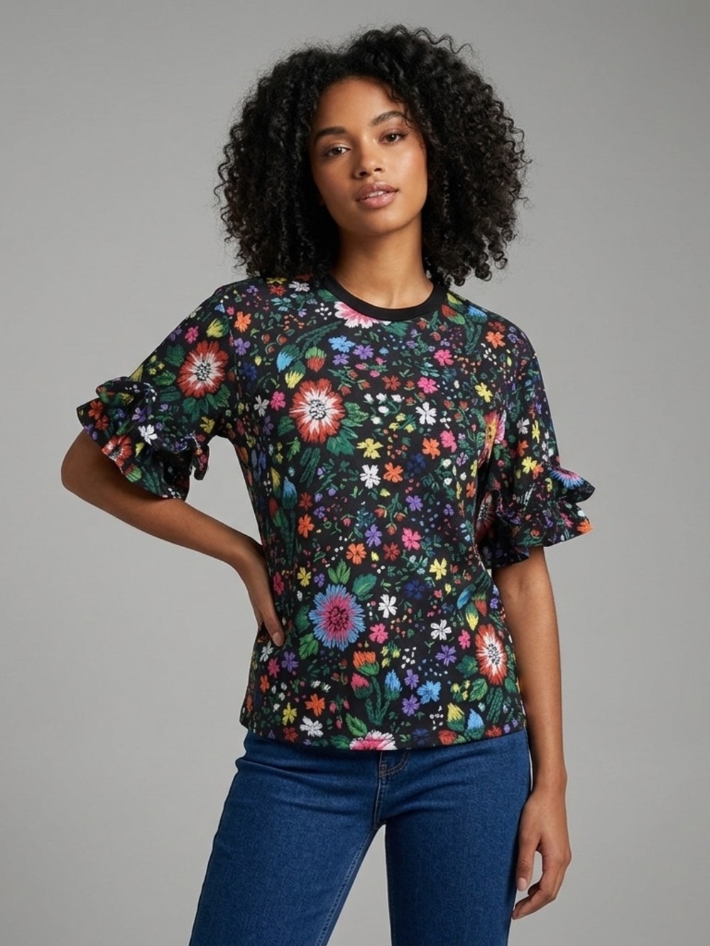 VICTORIA BECKHAM Floral-Printed Printed Ruffle T-Shirt Multicolor Cotton (107)